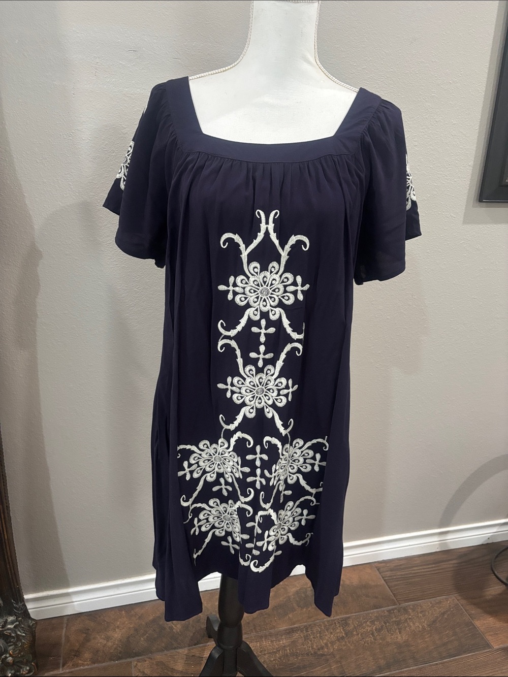 She + Sky Navy Midi Dress with White Embroidery